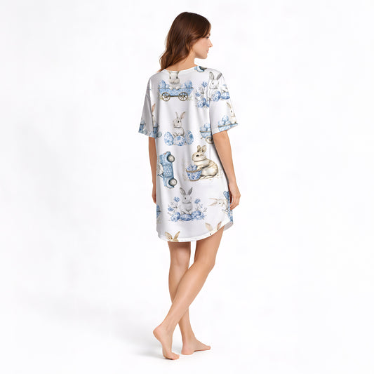 Women's Nightgown - V-Neck Short Sleeve - Bluebell Bunny Bliss