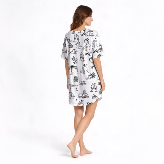 Women's Nightgown - V-Neck Short Sleeve | Bridal Bliss Doodles