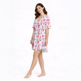 Whimsical Comfort: Women's Nightgown - V-Neck Short Sleeve with Gnome Print