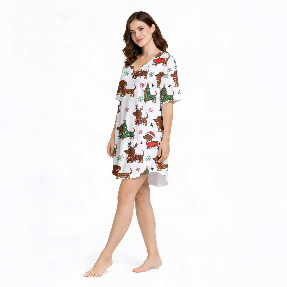 Women's Nightgown - V-Neck Short Sleeve - Dachshund Holiday Dreams