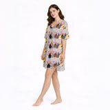 Women's Nightgown - V-Neck Short Sleeve - Festive Christmas Chickens
