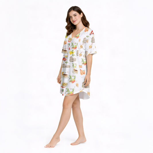 Women's Nightgown - V-Neck Short Sleeve Knit Italian Print