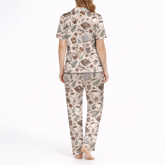 Cozy Coffee & Chapters Women's Classic Button Down Pajama Set - Long Knit