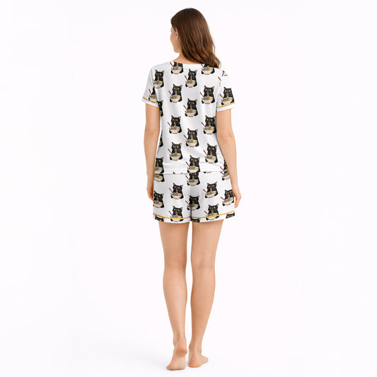 Women's short sleeve pajama set with shorts | Ramen Cat Dreams