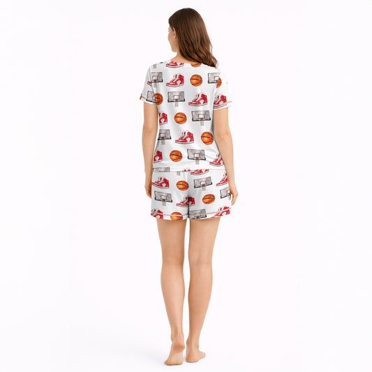 Women's short sleeve pajama set with [KNIT] - Hoops & Dreams Print