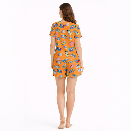 Whimsical Sardine Print Women's short sleeve pajama set with KNIT