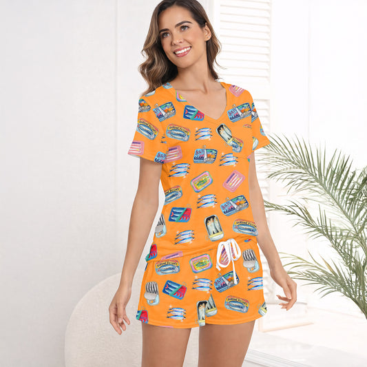 Whimsical Sardine Print Women's short sleeve pajama set with shorts_3D