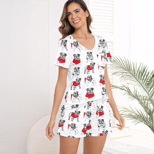 Women's Short Sleeve Pajama Set with Shorts - Cozy Bulldog Print