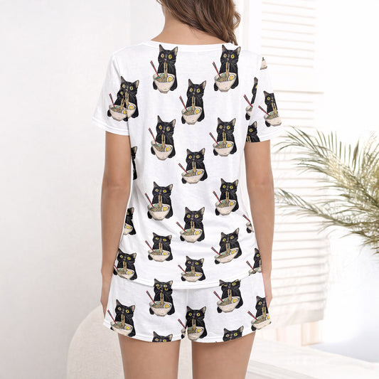 Women's pajama set featuring an all-over print of cute black cats eating ramen noodles, perfect for cat lovers and foodies.