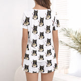 Women's pajama set featuring an all-over print of cute black cats eating ramen noodles, perfect for cat lovers and foodies.