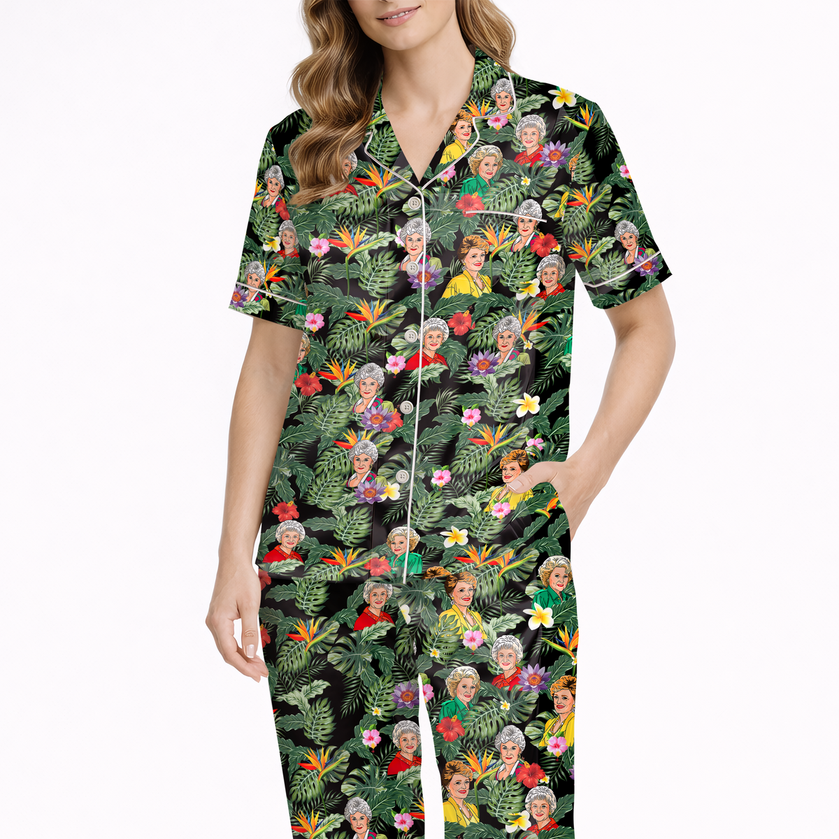 Women’s Silky Satin Pajama Set – Retro Tropical Diva Print