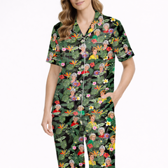 Women’s Silky Satin Pajama Set – Retro Tropical Diva Print