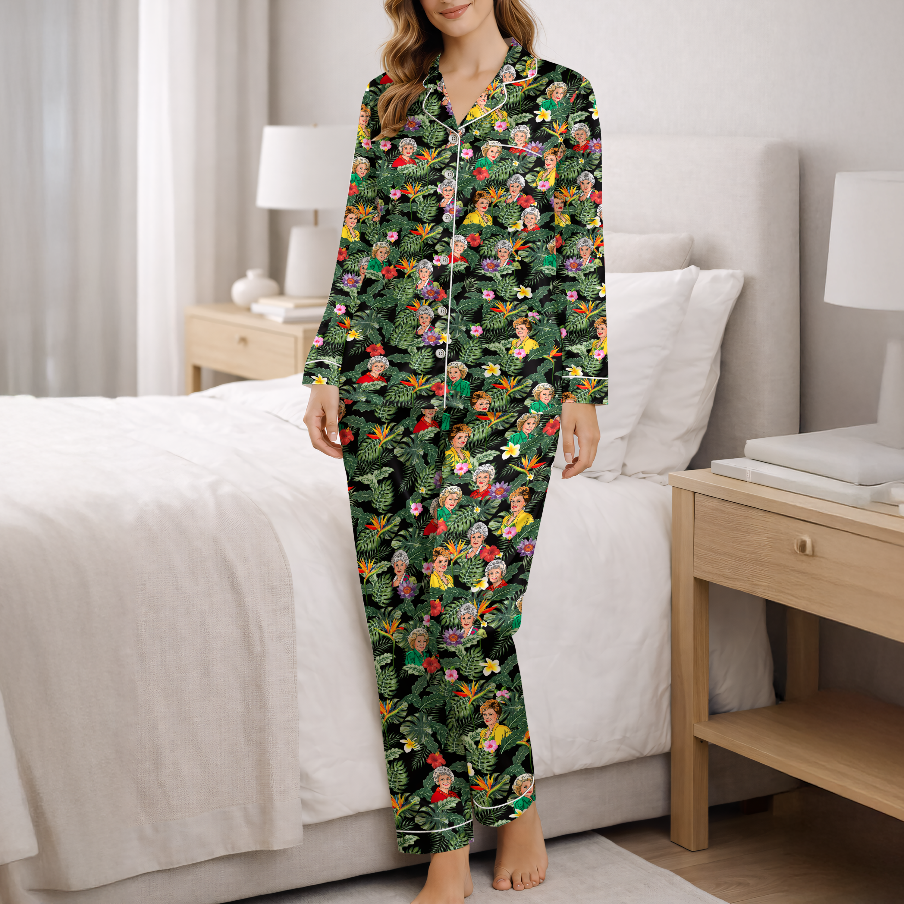 Women’s Silky Satin Pajama Set – Retro Tropical Diva Print