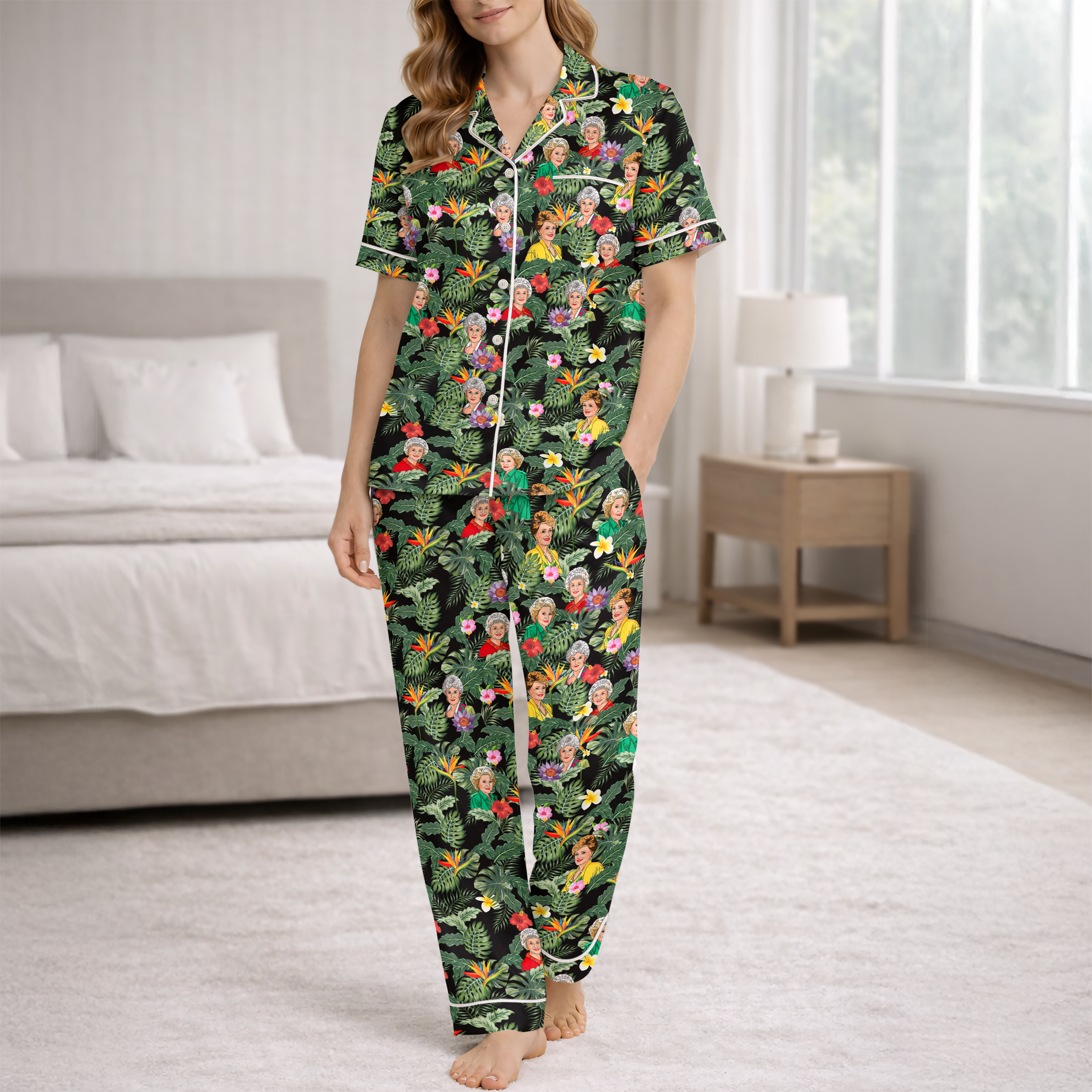 Women’s Silky Satin Pajama Set – Retro Tropical Diva Print
