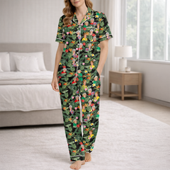 Women’s Silky Satin Pajama Set – Retro Tropical Diva Print