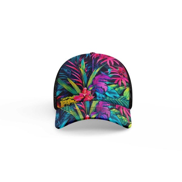 Tropical leaves hibiscus flowers ibuytero trucker hat men front