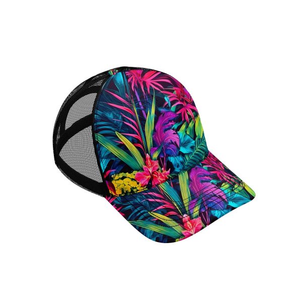 Tropical leaves hibiscus flowers ibuytero trucker hat men slant right