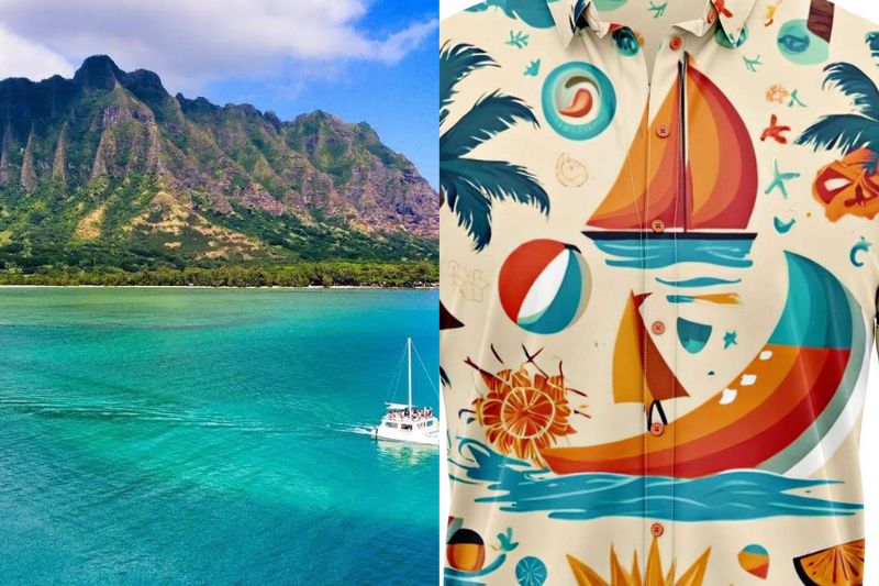 Nautical themed patterns feature elements such as sailboats, anchors, surfboards, and ocean waves, capturing the adventurous spirit and seafaring history of Hawaii