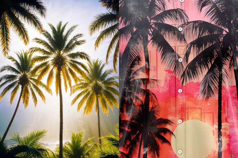 Palm trees and tropical leaves are prevalent motifs that capture the essence of Hawaii's serene landscapes and laid back lifestyle