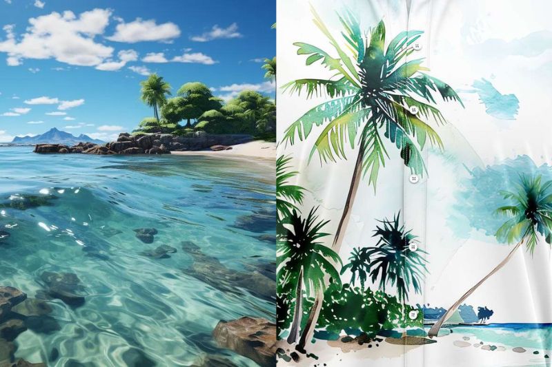 Scenic prints depict the breathtaking landscapes and iconic landmarks of Hawaii, such as volcanic mountains, cascading waterfalls, pristine beaches, and lush rainforests