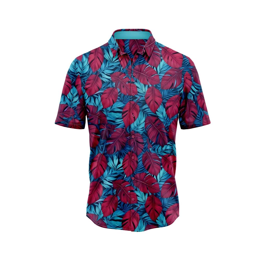 IBUYTERO TROPICAL BLUE BURGUNDY LEAF HAWAIIAN SHIRT 0