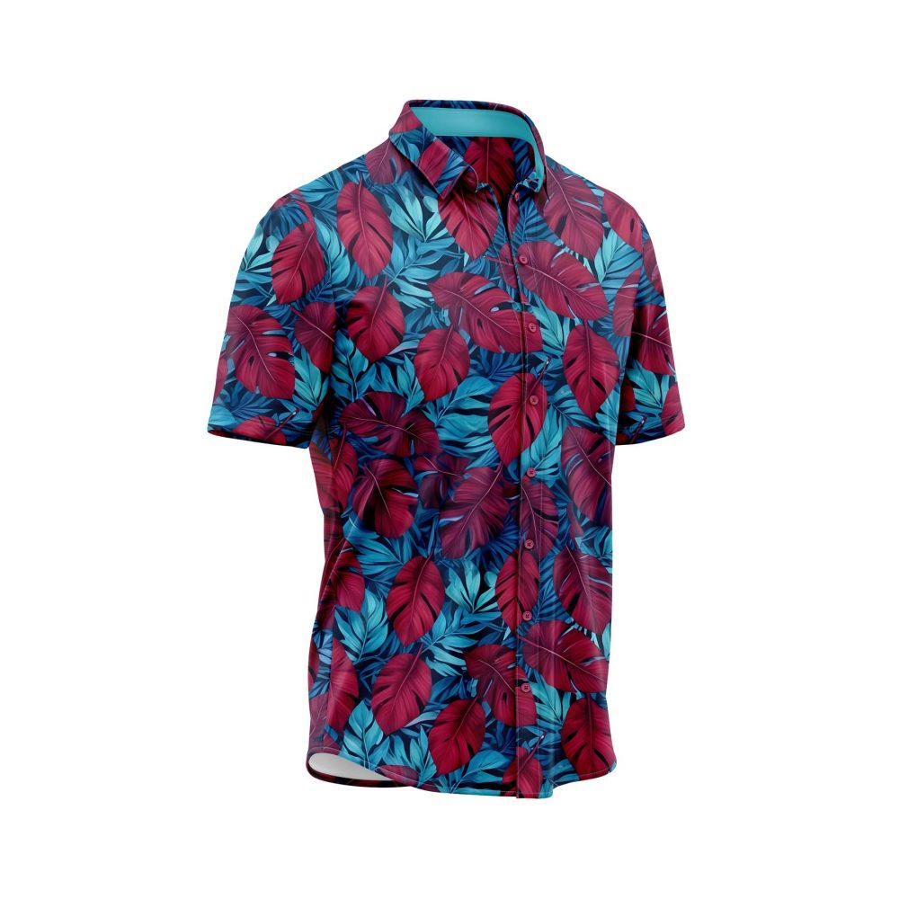 IBUYTERO TROPICAL BLUE BURGUNDY LEAF HAWAIIAN SHIRT 2