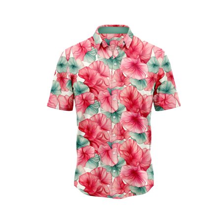 IBUYTERO VIBRANT PINK AND RED HIBISCUS FLORAL HAWAIIAN SHIRT 0