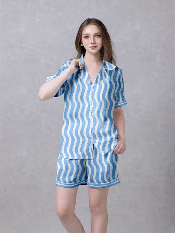 Blue and White Wavy Stripe Satin Silky Pajamas Set 03