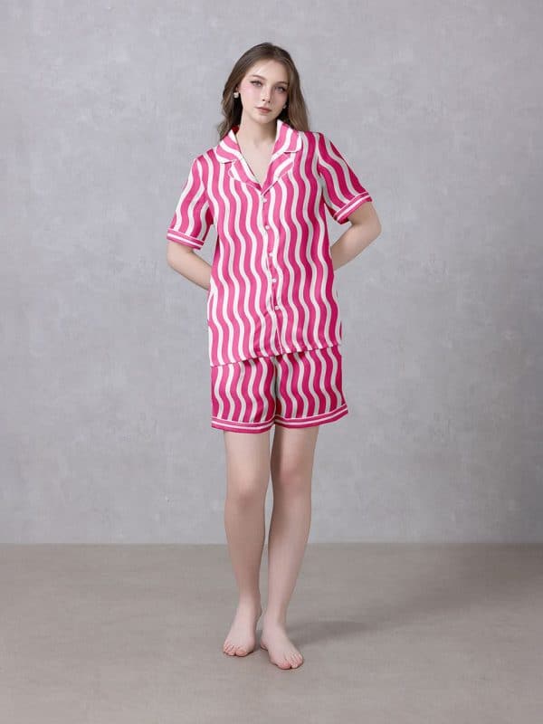 Pink and White Wavy Stripe Satin Silky Pajamas Set 04