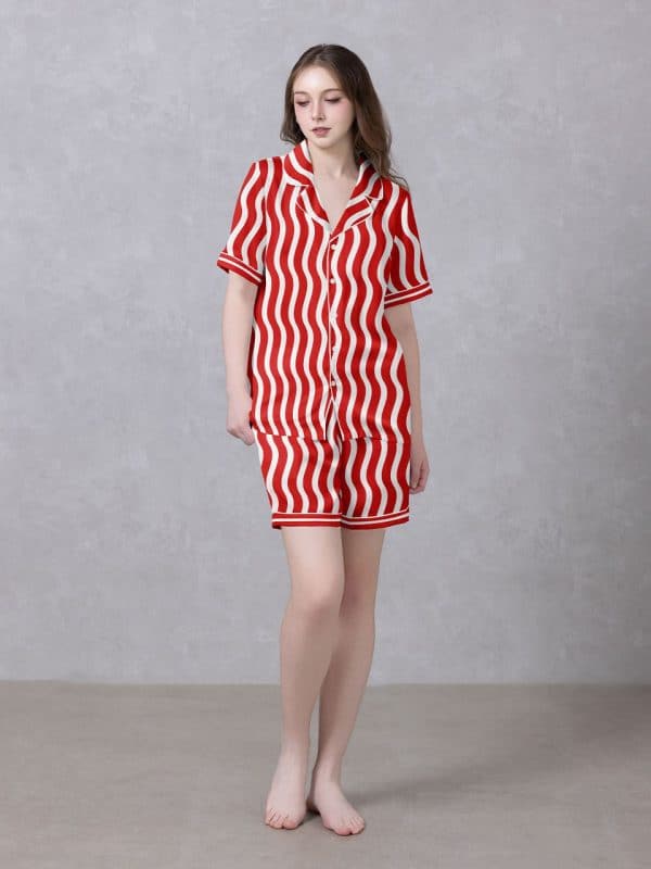 Red and White Wavy Stripe Satin Silky Pajamas Set 08
